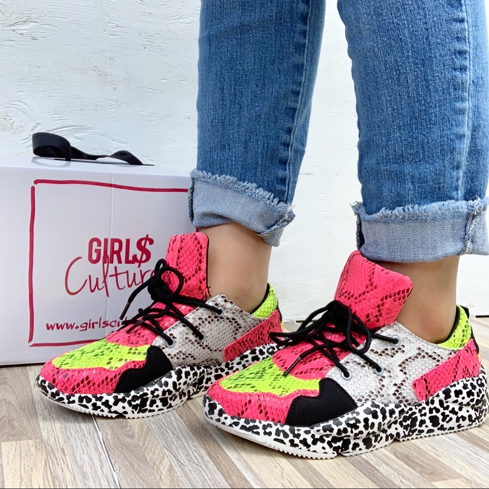Neon Lime Snake Prints Sneakers - Picture 2 of 7